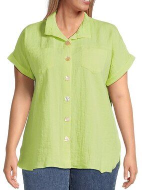 John Mark XL Neon Summer Crinkled Button Up Short Sleeve Shirt Top